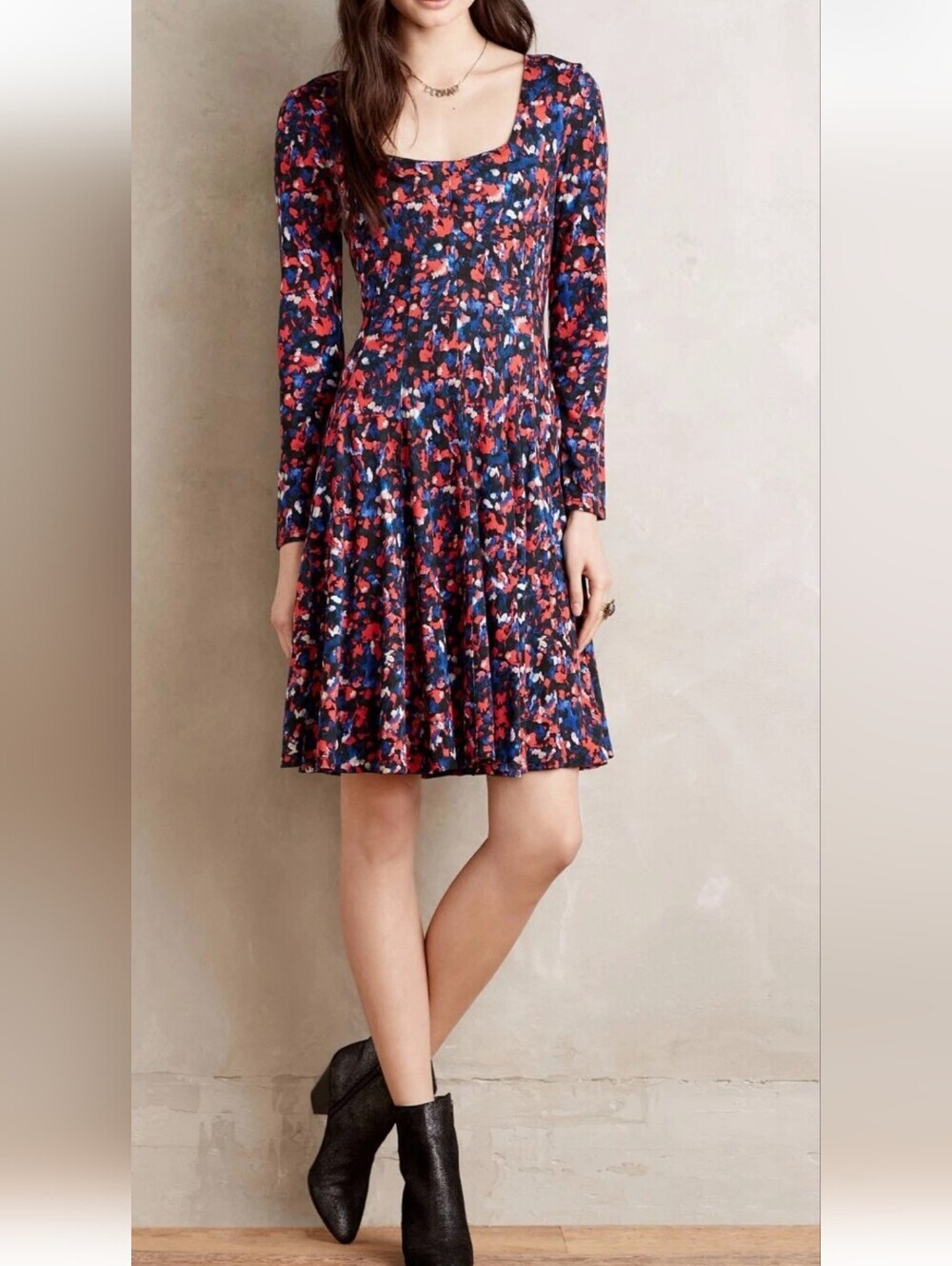 HD In Paris Floral Long-Sleeve Dress - Navy & Red Size M